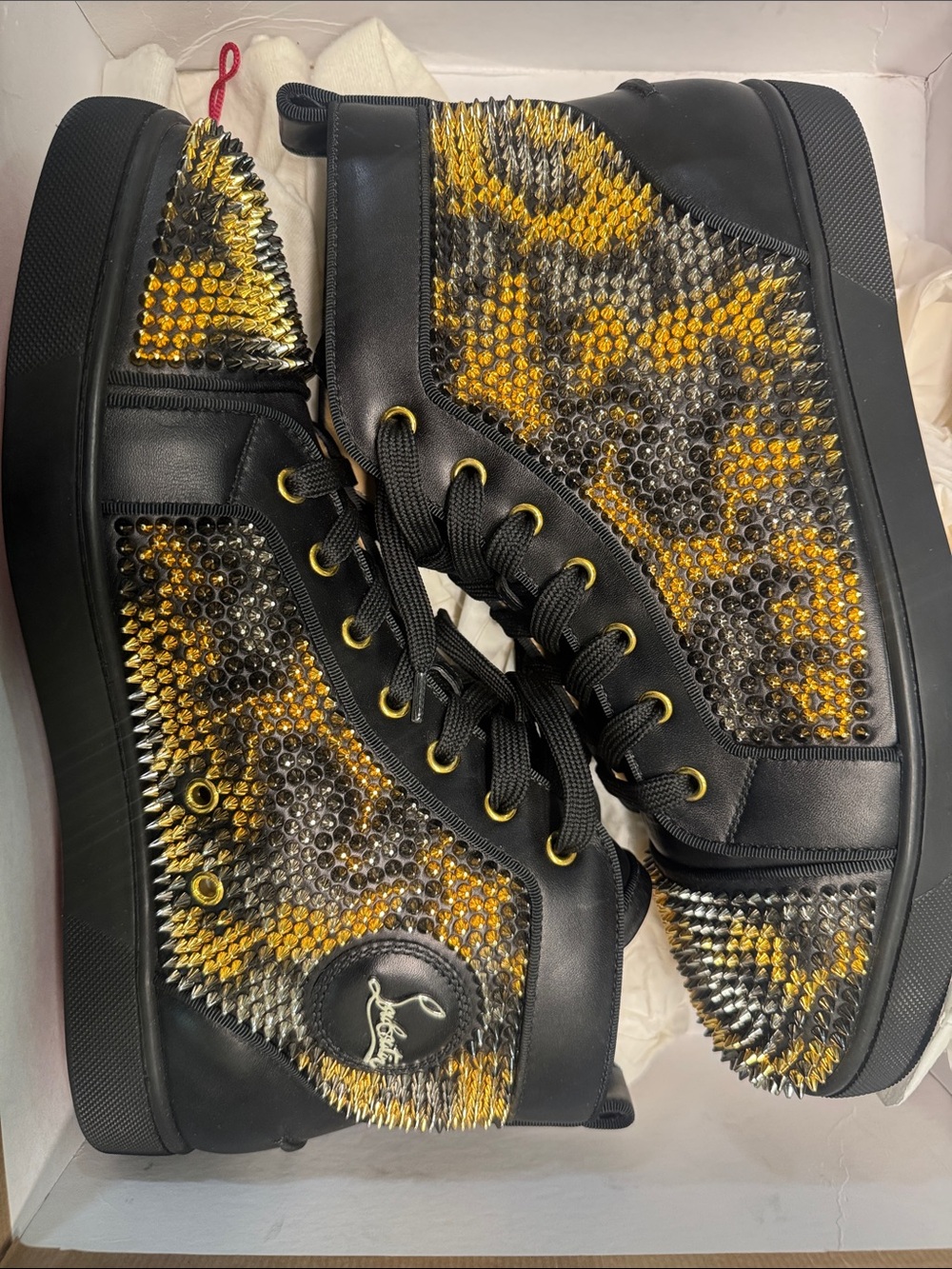 Christian Louboutin Black and Gold Spike-Embellished High-Top Sneakers